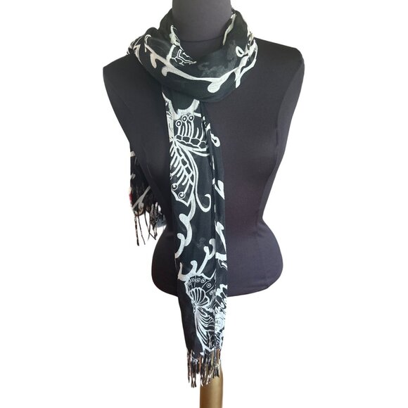 Natasha Black & Beige Butterfly Print Viscose Scarf Shawl Wrap - Picture 4 of 6